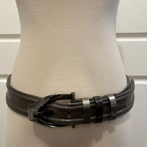 Per Se Patent Leather Belt, Taupe with Silver Trim, #516388, sz M, Made in USA